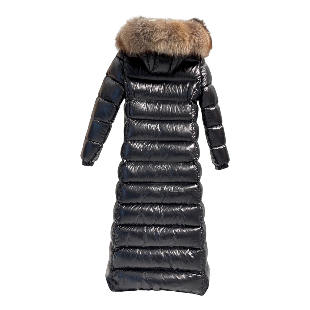 Moncler Glossy Long Down Coat with Fur-Trim Hood