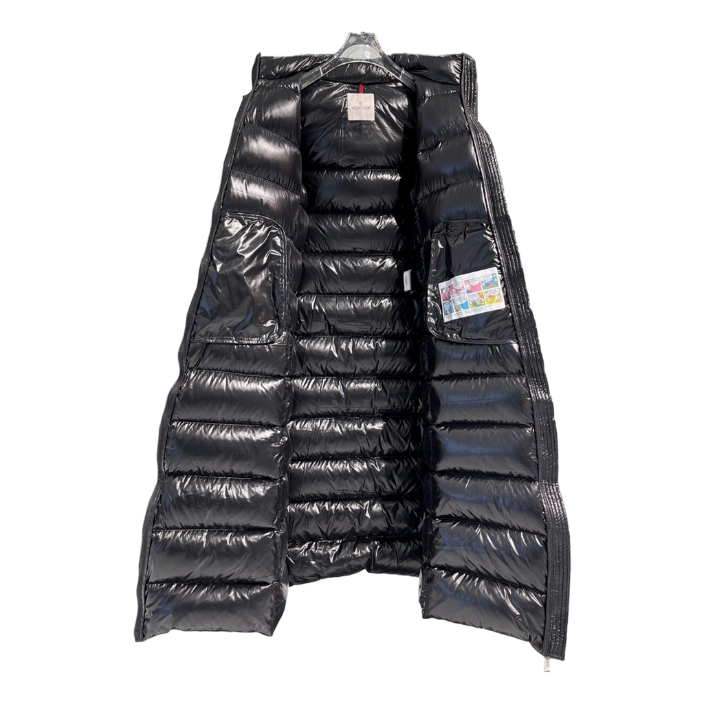 Moncler Glossy Long Down Coat with Fur-Trim Hood