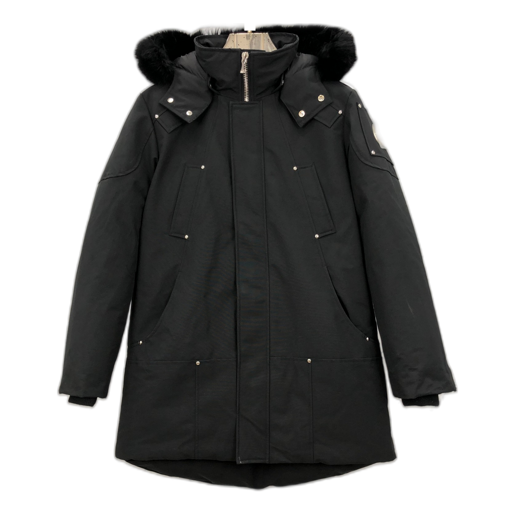 Moose Knuckles Curved-Hem Hooded Down Parka with Fur Trim - Black