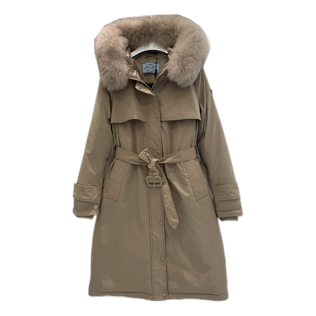 Prada Belted Hooded Coat with Faux Fur Trim - Beige