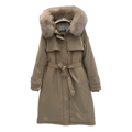 Prada Belted Hooded Coat with Faux Fur Trim - Beige