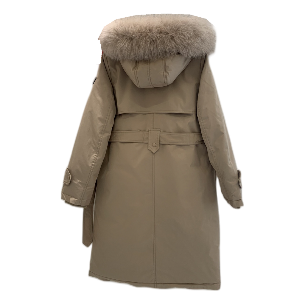 Prada Belted Hooded Coat with Faux Fur Trim - Beige