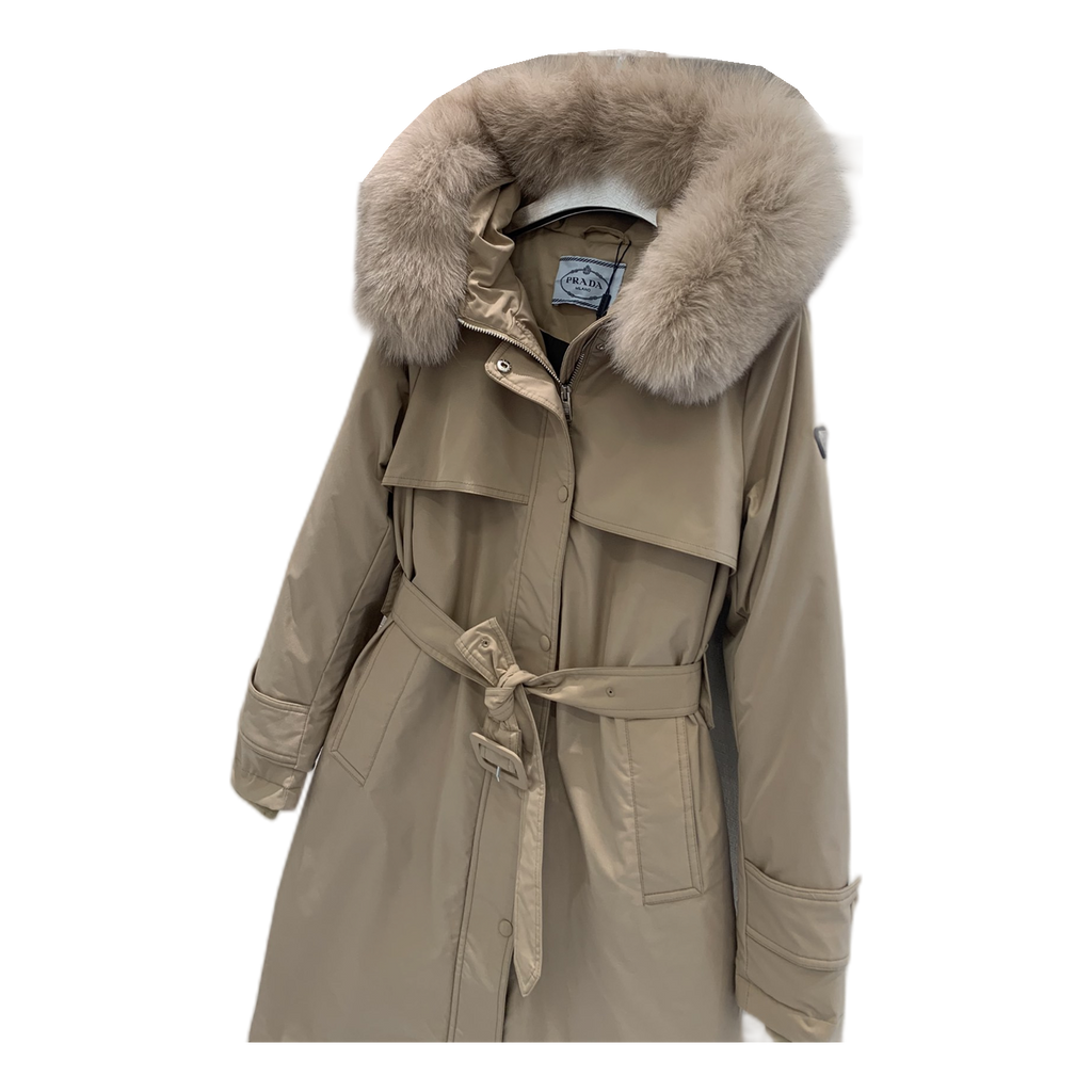 Prada Belted Hooded Coat with Faux Fur Trim - Beige