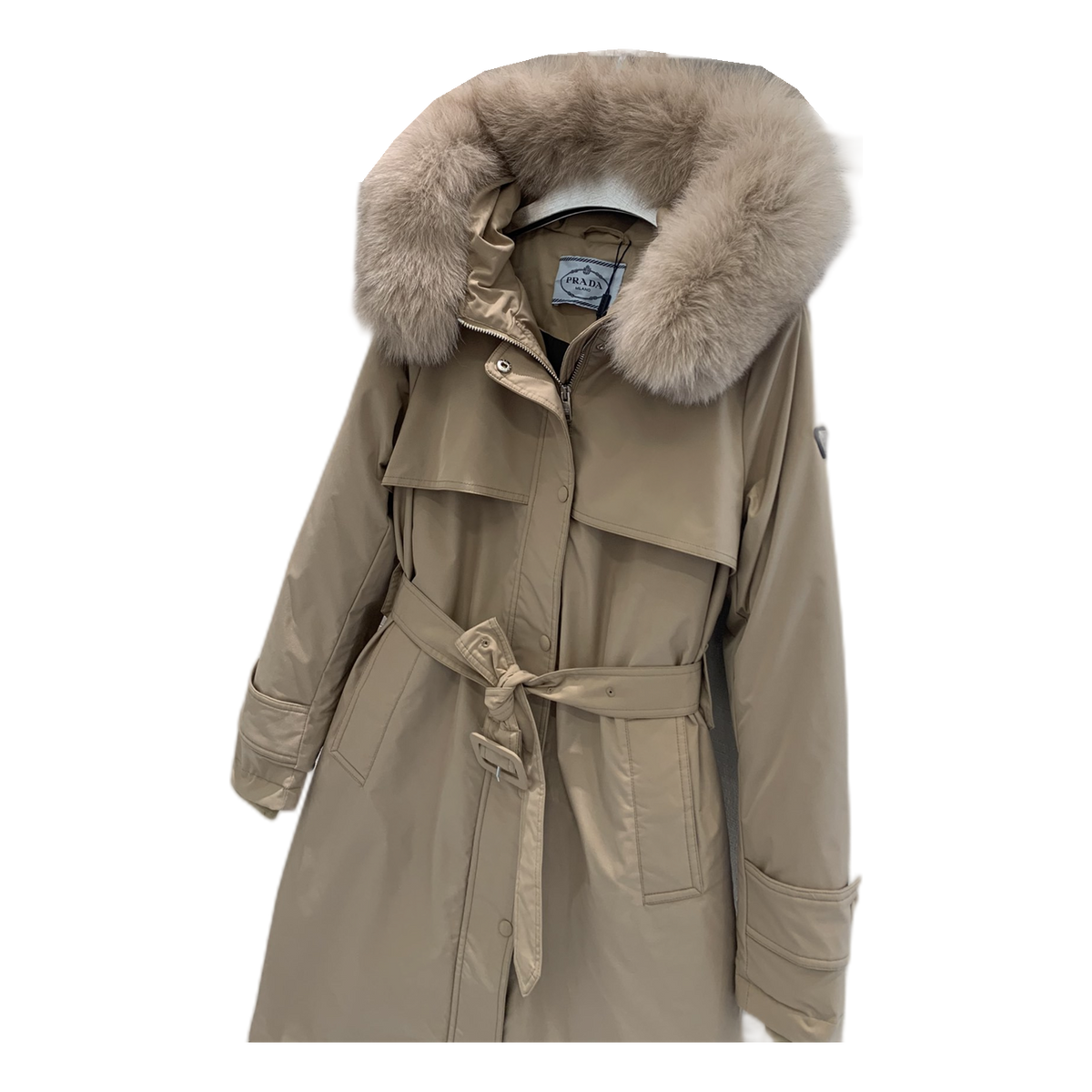 Prada Belted Hooded Coat with Faux Fur Trim - Beige