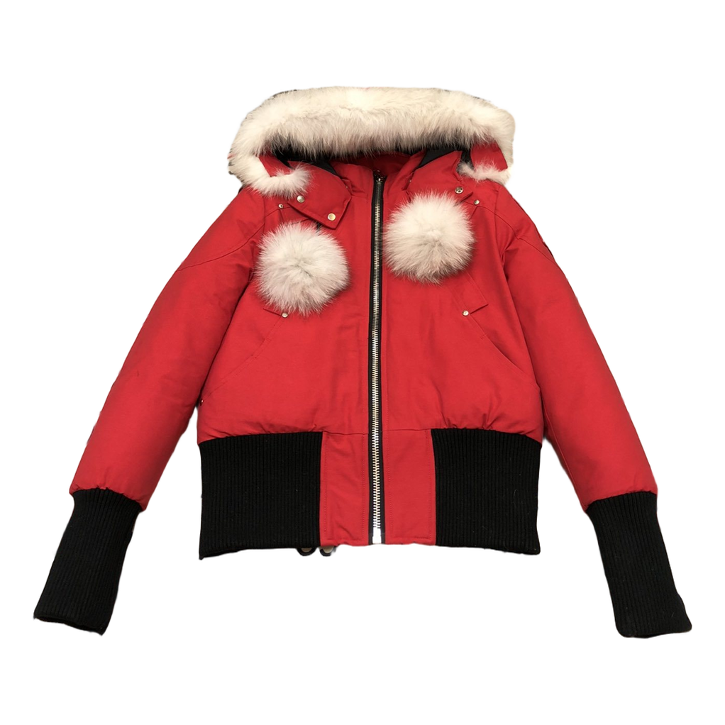 Moose Knuckles Debbie Hooded Down Bomber Jacket with Pom-Pom - Red