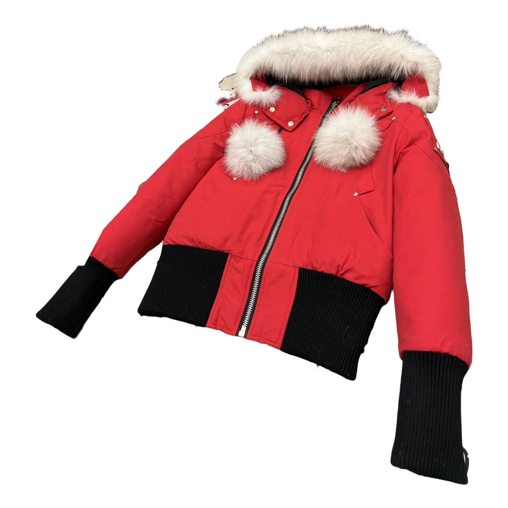 Moose Knuckles Debbie Hooded Down Bomber Jacket with Pom-Pom - Red