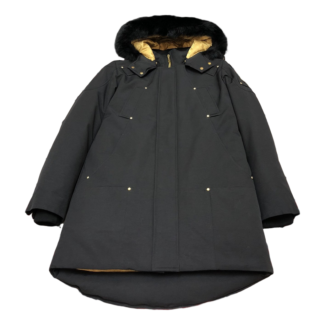 Moose Knuckles Gold-Lined Fur-Trim Long Parka – Black