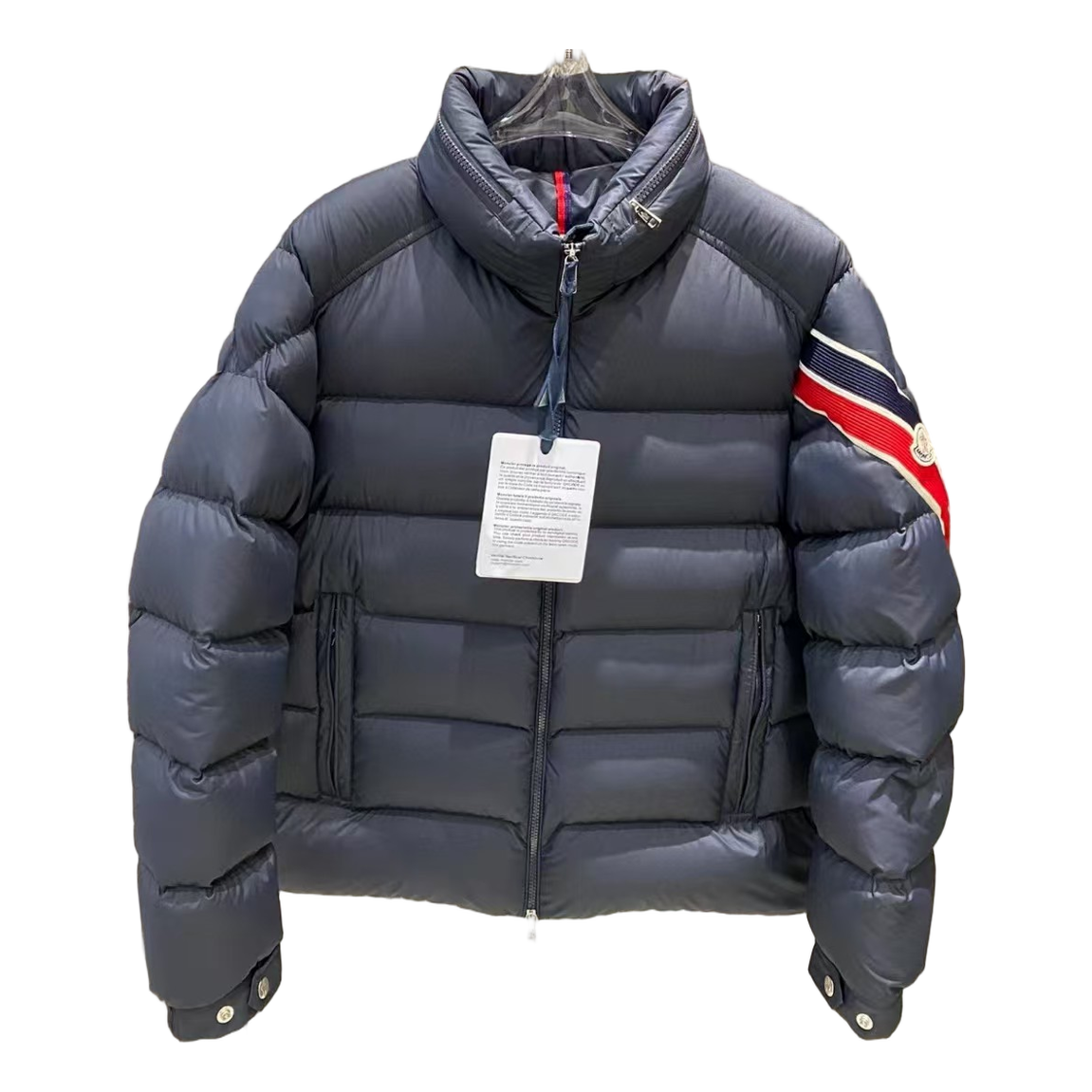 Moncler Tricolor-Band Stand-Collar Puffer Jacket - Navy