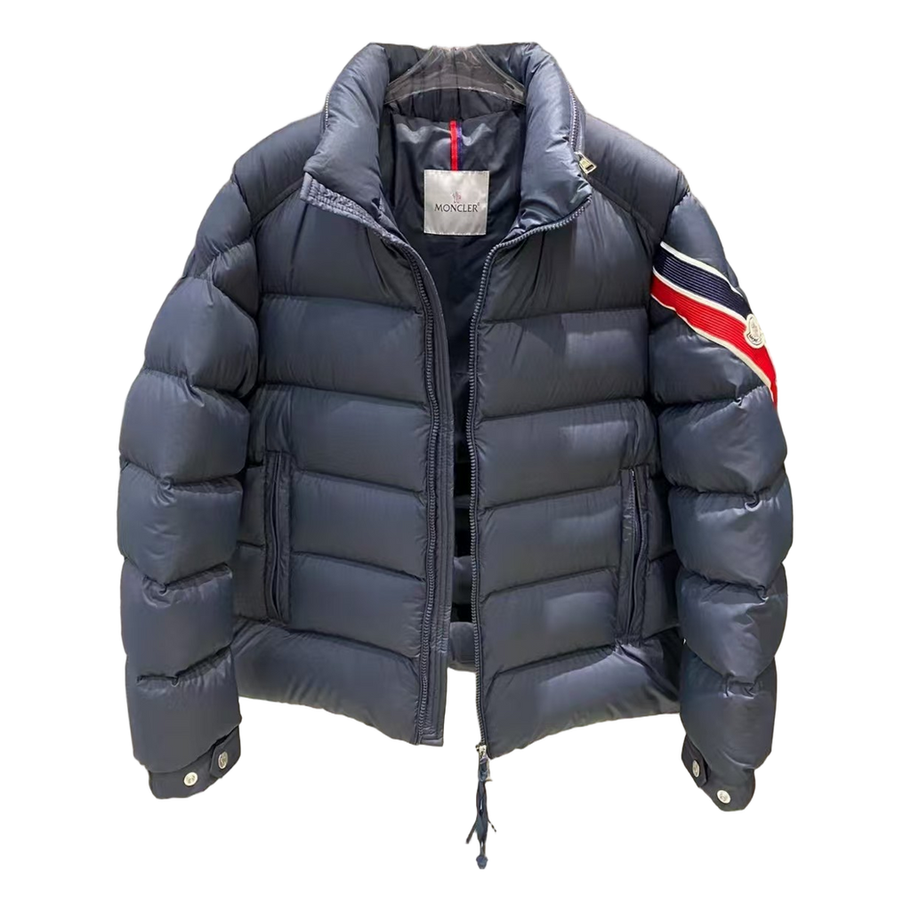 Moncler Tricolor-Band Stand-Collar Puffer Jacket - Navy