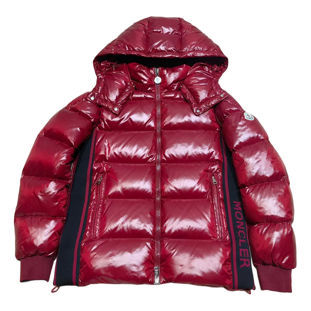 Moncler Logo-Zip Glossy Hooded Puffer Jacket – Red