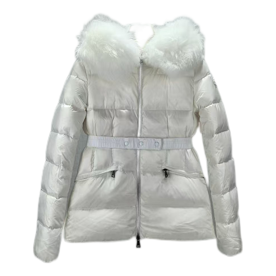 Moncler Boed Belted Fur-Trim Puffer Jacket — White