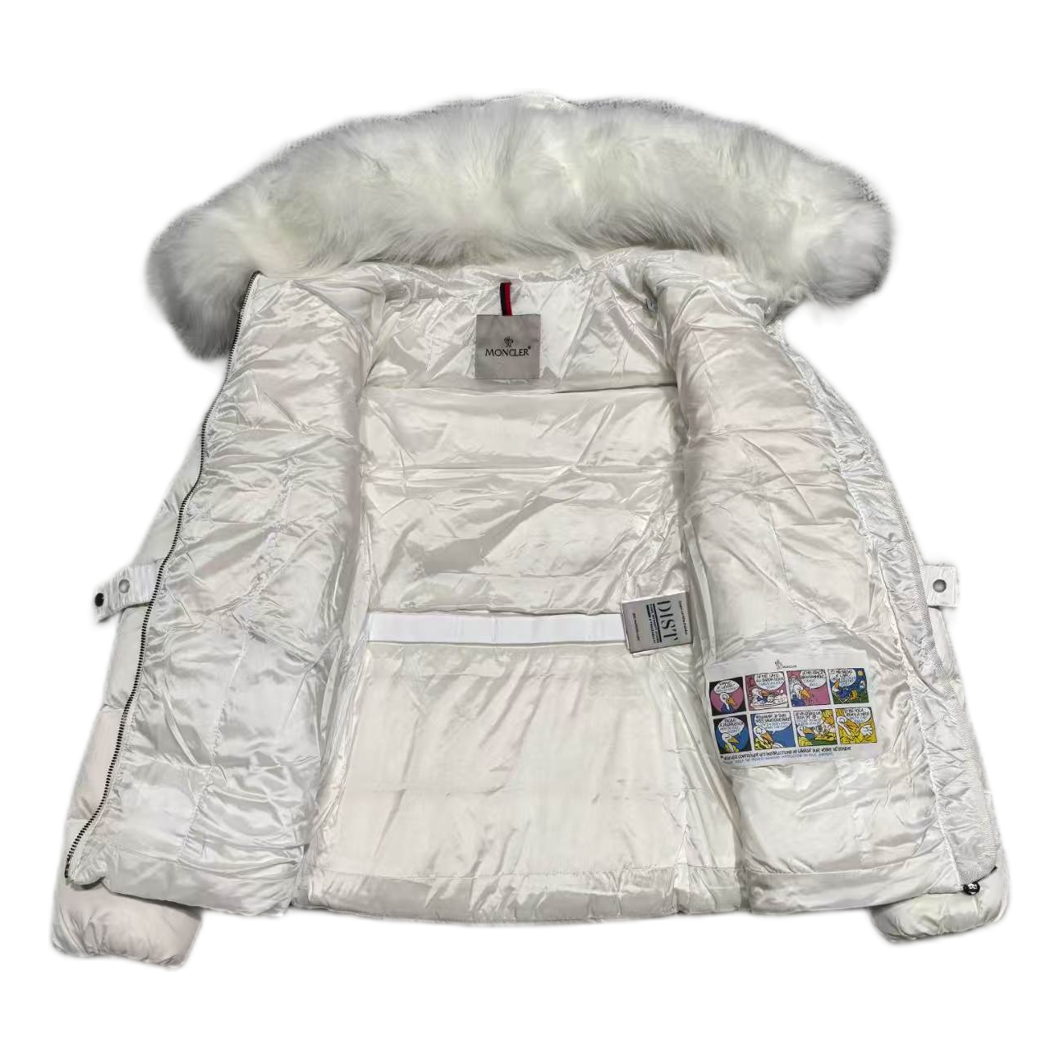 Moncler Boed Belted Fur-Trim Puffer Jacket — White