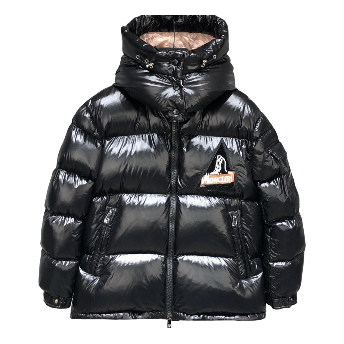 Moncler Glossy Short Down Jacket with Mountain Badge - Black