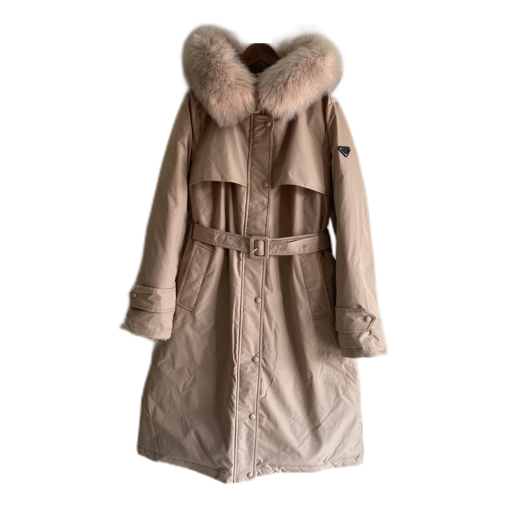 Prada Belted Fur-Trim Hooded Coat – Blush Beige