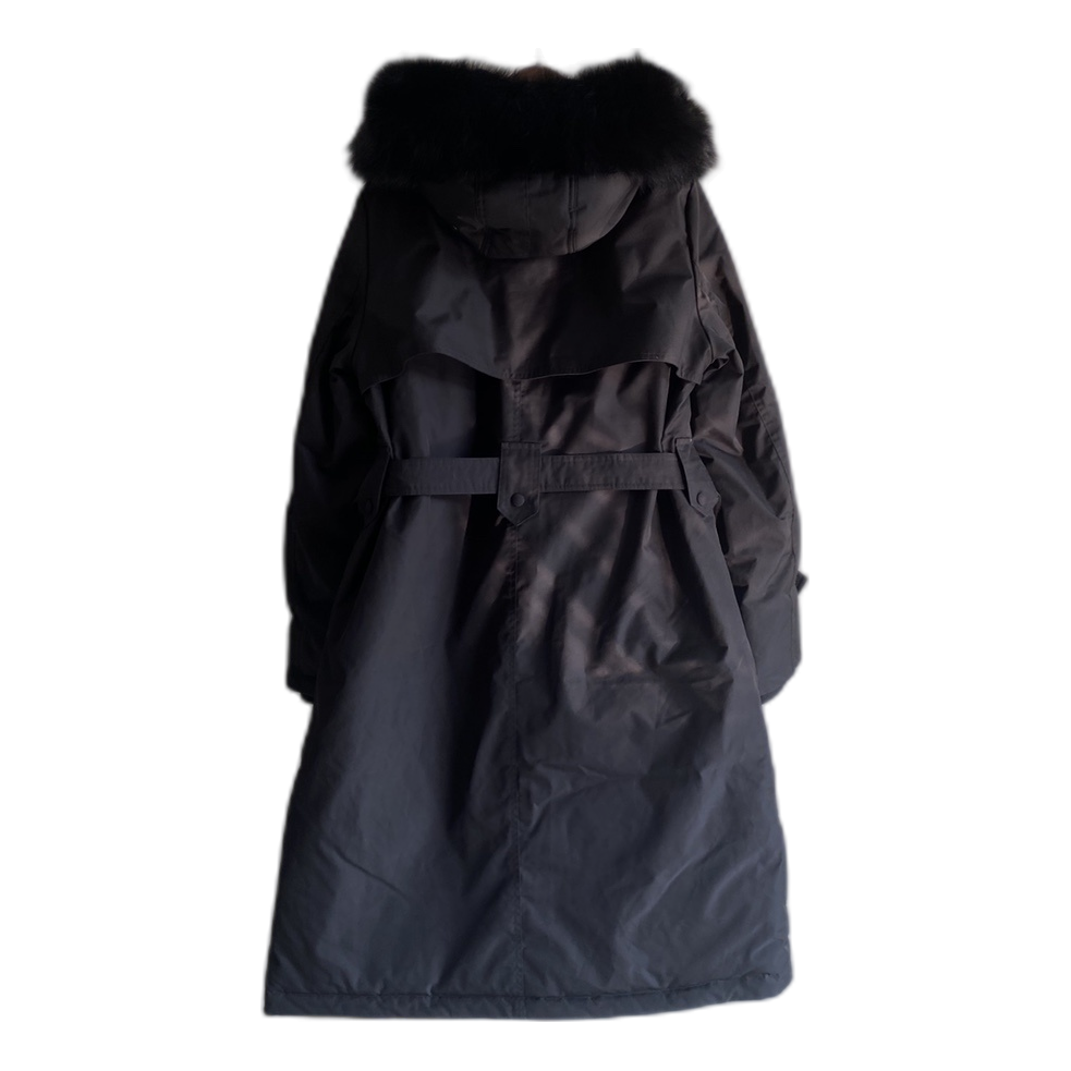 Prada Belted Hooded Coat with Faux Fur Trim - Black